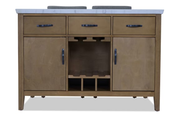 Wooden bathroom vanity cabinet with a white marble countertop, three drawers, two doors, and a central wine rack storage.