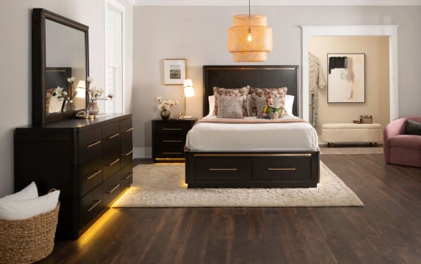 Contemporary Luxe 4 Piece Queen Brown Storage Platform Bedroom Set with rubberwood frame, oak veneers, soft-close drawers, underbed LED lighting, and USB ports.