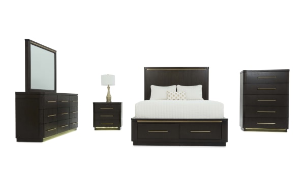 Dark wood bedroom set with a king-size bed featuring storage drawers, matching dresser with mirror, nightstand, and tall chest, all with brass handles and modern design.