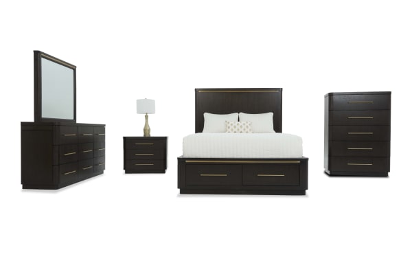 Dark wood bedroom set with a king bed featuring storage drawers, matching dresser with mirror, nightstand, and chest of drawers, modern design.