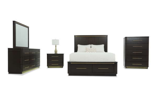 Dark wood bedroom furniture set with gold accents, including a bed with storage drawers, a dresser with mirror, a nightstand, and a chest of drawers.