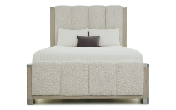 Catalina Queen Light Gray & White Upholstered Storage Platform Bed with channel-tufted polyester fabric, rubberwood frame, and built-in LED lighting.