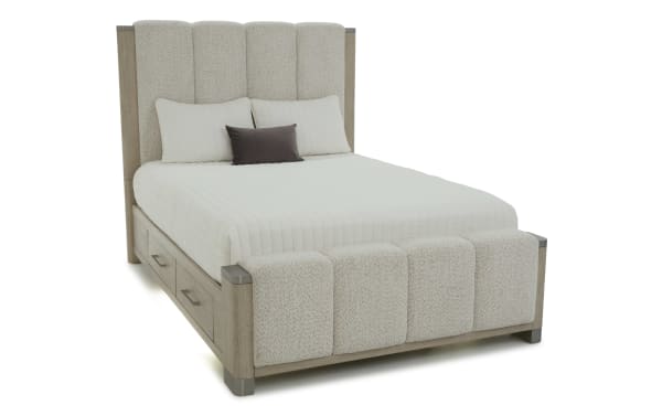Catalina Queen Light Gray & White Upholstered Storage Platform Bed with fabric polyester upholstery, MDF, rubberwood, oak veneers, four side drawers, and motion-activated underbed LED lighting in contemporary style.