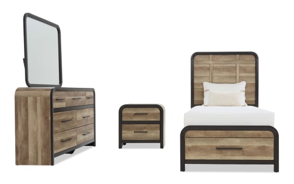 Modern bedroom set with wood and black metal frame, featuring a twin bed with white bedding, a two-drawer nightstand, and a six-drawer dresser with mirror.