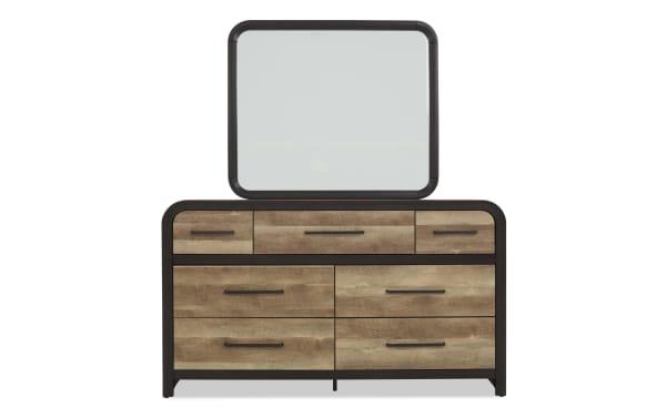 Wooden dresser with six drawers and three smaller top drawers, featuring black metal handles and a matching rectangular mirror with rounded corners, ideal for bedroom storage and decor.
