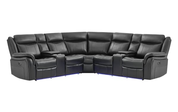 Black leather sectional recliner sofa with cup holders, padded armrests, and LED lighting underneath, designed for home theater comfort.
