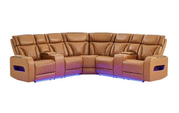 Large tan leather sectional recliner sofa with quilted diamond stitching, cup holders, and blue LED accent lighting underneath.