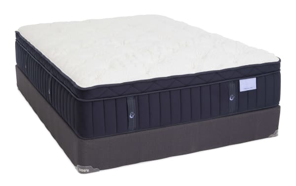 Mattress and foundation set with a plush white quilted top and dark navy blue sides, featuring "Crescent & Cloud" branding and a firm support label.