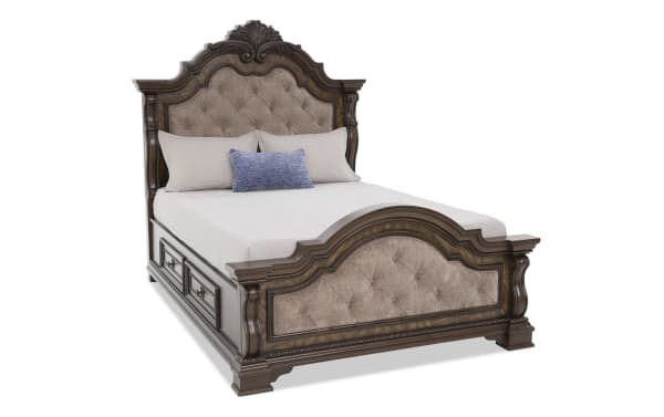 Queen-sized wooden bed frame with tufted beige fabric headboard and footboard, dark brown finish, and built-in side drawers for storage.