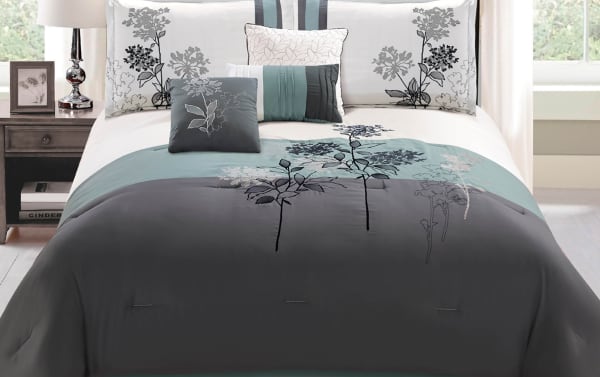 Elize King Multi Floral 7 Piece Comforter Set in gray, aqua, and white polyester fabric with floral embroidery and color-blocking, transitional style.