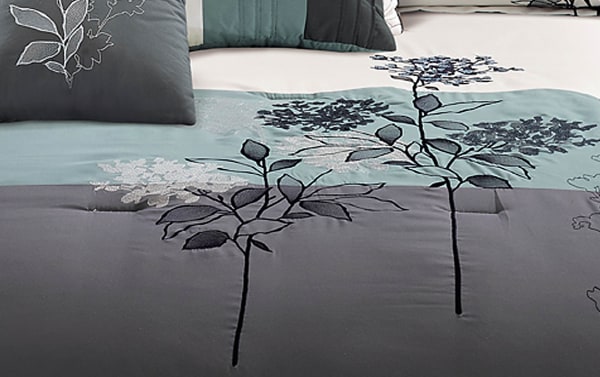 Elize King Multi Floral 7 Piece Comforter Set in gray, aqua, and white polyester fabric with embroidered floral design, transitional style.