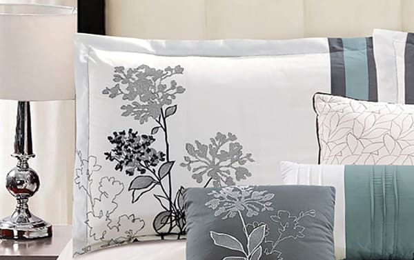 Elize King Multi Floral 7 Piece Comforter Set in gray, aqua, and white polyester fabric with floral embroidery and color-block design, transitional style.
