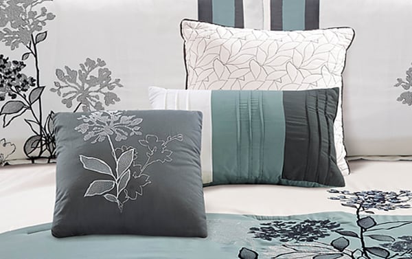 Elize King Multi Floral 7 Piece Comforter Set in gray, aqua, and white polyester fabric with floral embroidery and color-blocked pillows, transitional style.