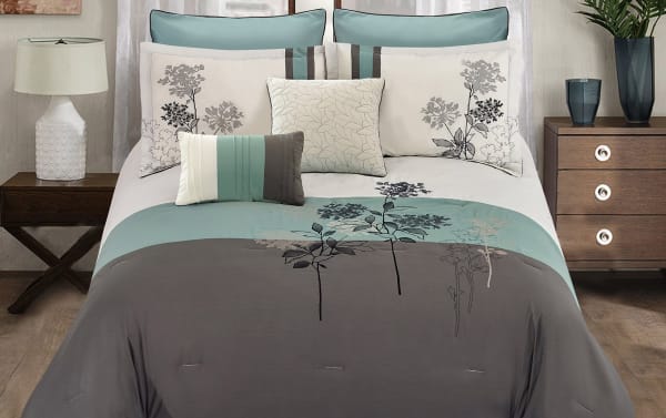 Elize Queen Multi Floral 7 Piece Comforter Set in gray, aqua, and white polyester fabric with transitional style, floral and color-block design