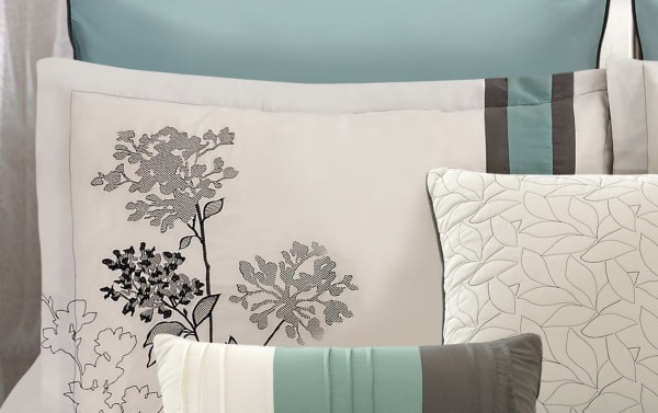 Elize Queen Multi Floral 7 Piece Comforter Set in gray, aqua, and white polyester fabric with transitional style, featuring floral and leaf patterns.