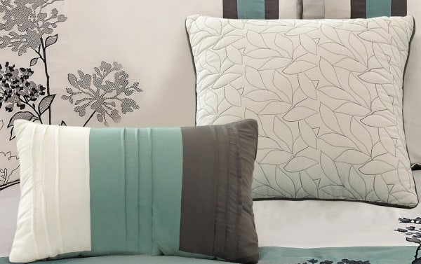 Elize Queen Multi Floral 7 Piece Comforter Set in gray, aqua, and white polyester fabric with transitional style, featuring floral and striped patterns.