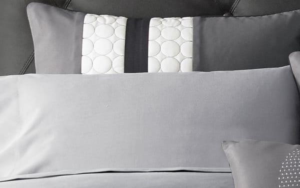 Briggs Queen Black Medallions 9 Piece Comforter Set in gray, white, and black polyester fabric with transitional style and decorative pillows.