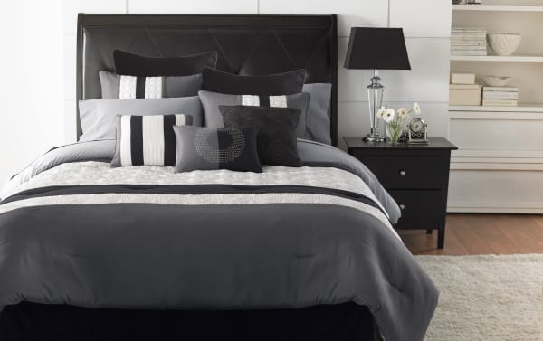 Briggs King Black Medallions 9 Piece Comforter Set in gray, white, and black polyester fabric with decorative pillows and transitional style.