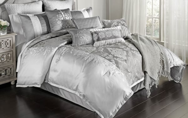 Cornelia King Silver Damask 12 Piece Comforter Set in silver polyester fabric with intricate damask embroidery, glam style, and coordinating decorative pillows.