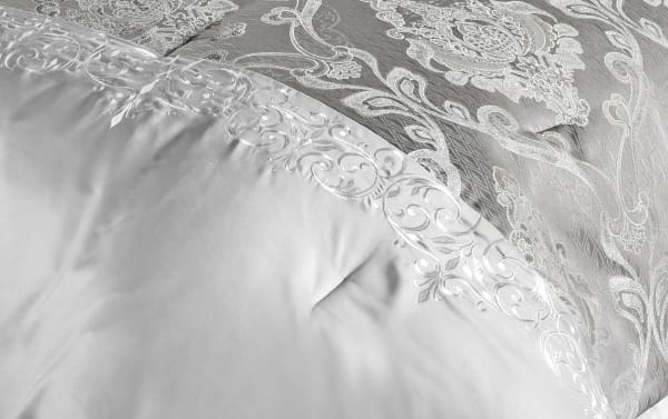Silver damask Cornelia King 12-piece comforter set in glam style, featuring intricate polyester fabric embroidery and elegant gray tones.