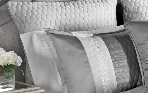 Silver Cornelia King 12 Piece Comforter Set with quilted polyester fabric, elegant damask pattern, and glam style decorative pillows.