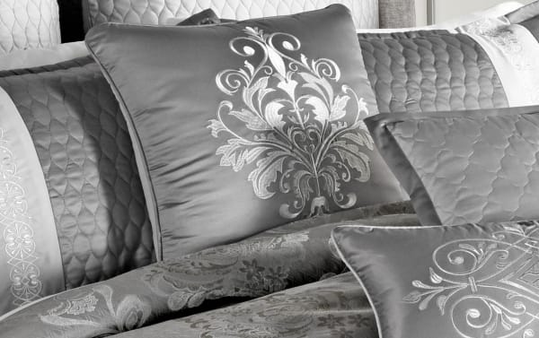 Cornelia King Silver Damask 12 Piece Comforter Set in silver polyester fabric with elegant damask embroidery and quilted glam design.