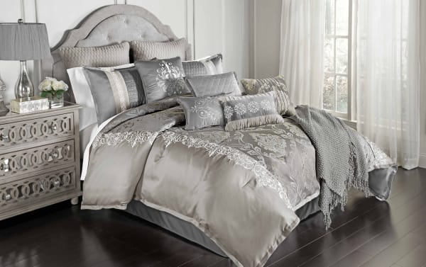 Cornelia Queen Silver Damask 12 Piece Comforter Set in gray polyester fabric with elegant damask pattern, decorative pillows, and a textured throw for glam bedroom decor.