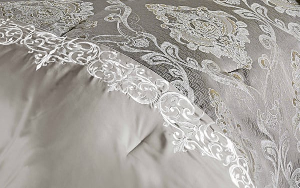 Silver Cornelia Queen Silver Damask 12 Piece Comforter Set with intricate damask pattern and white embroidered border, polyester fabric, glam style.
