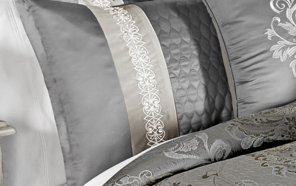 Silver Cornelia Queen Damask 12 Piece Comforter Set with quilted polyester fabric, embroidered floral damask pattern, and elegant gray glam style.