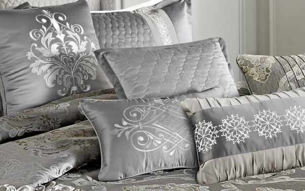 Cornelia Queen Silver Damask 12 Piece Comforter Set in gray polyester fabric with elegant damask embroidery, quilted and pleated glam style accents.
