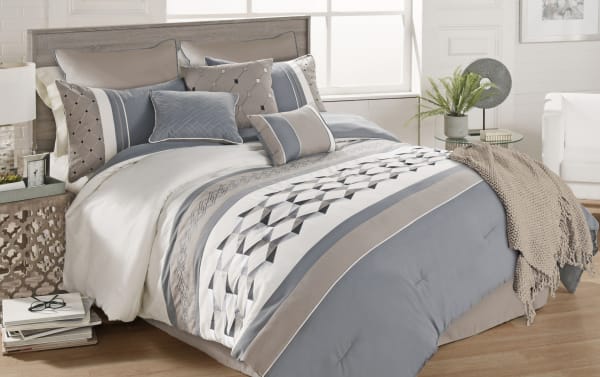 Contemporary Huntington King Blue Geometric 11 Piece Comforter Set in soft polyester with diamond prints, color blocking, stripes, pillows, bed skirt, and taupe throw.