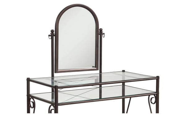 Levi Bronze Vanity Set with beige polyester upholstered stool, bronze steel frame, glass top and shelf, and arched mirror in transitional style.
