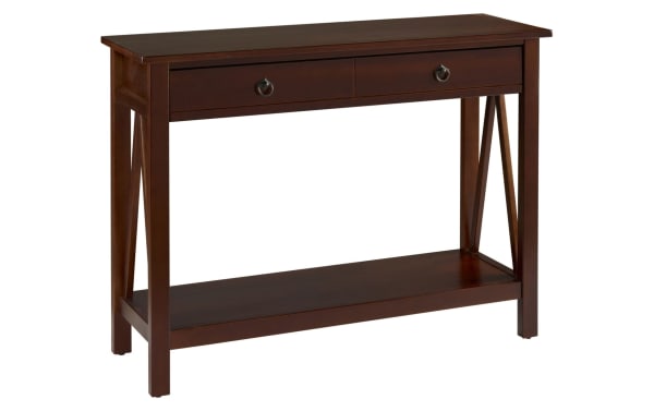 Apollo 42'' Brown Storage Console Table from Apollo Entertainment & Occasional Collection, transitional style in pine solids and MDF with two drawers and lower shelf.