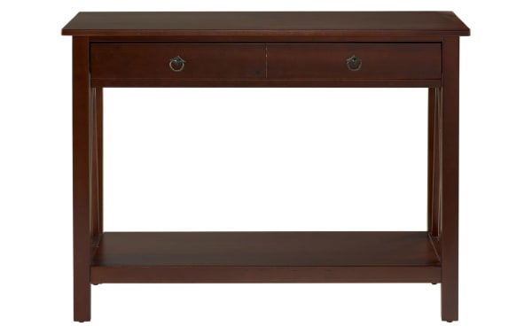 Apollo 42'' Brown Storage Console Table from Apollo Entertainment & Occasional collection, transitional style, pine solids and MDF, features two drawers with metal ring pulls and lower shelf for storage.