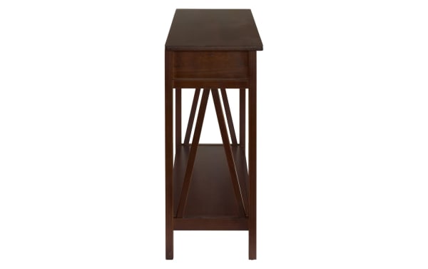 Apollo 42'' Brown Storage Console Table from Apollo Entertainment & Occasional collection, transitional style, pine solids and MDF, compact design with open lower shelf and angled side supports.