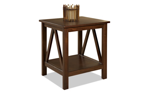 Apollo Brown End Table in antique tobacco finish with pine solids and MDF, featuring a spacious bottom shelf and transitional style from Apollo Entertainment & Occasional.