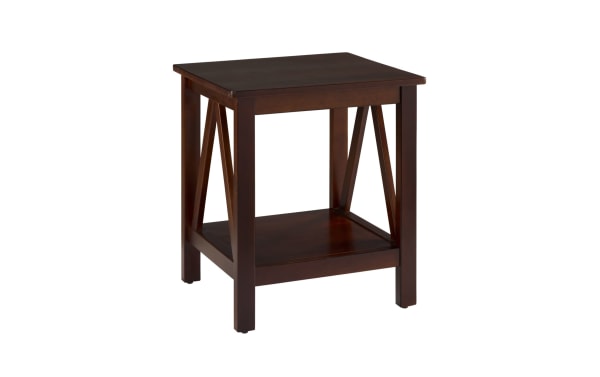 Apollo Brown End Table from Apollo Entertainment & Occasional collection, transitional style in antique tobacco finish, pine solids and MDF, with spacious bottom shelf and simple, durable design.