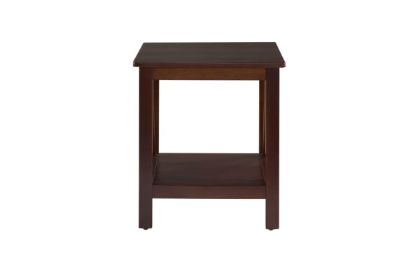 Apollo Brown End Table in antique tobacco finish, transitional style with pine solids and MDF, featuring a spacious bottom shelf and simple rectangular design.