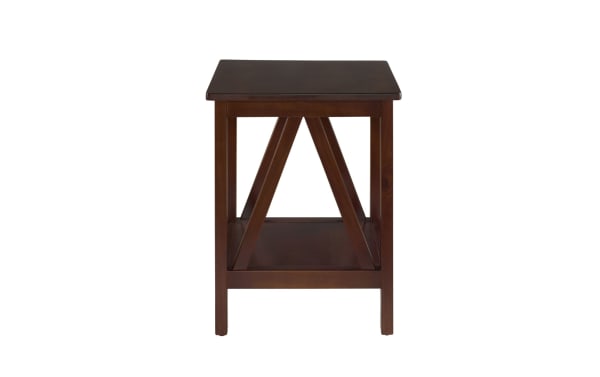 Apollo Brown End Table from Apollo Entertainment & Occasional collection, transitional style in antique tobacco finish with pine solids and MDF, featuring a spacious bottom shelf and angled side supports.