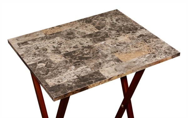Transitional Chelsea Brown Folding Tray with faux marble paper veneer top, rubberwood legs, and foldable design for easy storage and serving.