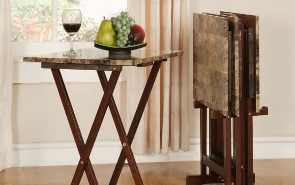 Chelsea Brown Folding Tray Set of 4 with faux marble tops, rubberwood legs, and folding stand in transitional style for versatile serving and easy storage.