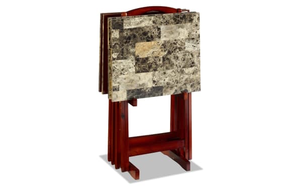 Chelsea Brown Folding Tray set of 4 with faux marble tops in neutral tones, rubberwood frame, and folding stand in transitional style for versatile serving and easy storage.