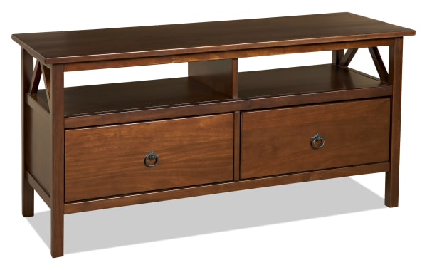 Apollo 44'' Brown Storage TV Stand from Apollo Entertainment & Occasional collection, transitional style in pine solids and MDF with antique tobacco finish, featuring a spacious tabletop, open shelf, and two deep drawers with metal ring pulls for media storage.