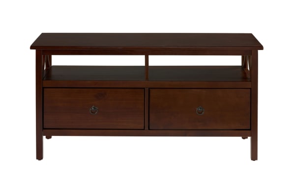 Apollo 44'' Brown Storage TV Stand from Apollo Entertainment & Occasional collection, transitional style in pine solids and MDF with antique tobacco finish, featuring a spacious tabletop, open shelf, and two deep drawers with metal ring pulls for media storage.
