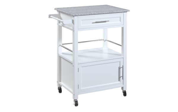 Mitchell White Granite Kitchen Cart with Drawer, transitional style, rubberwood, MDF, granite top, white finish, open shelf, cabinet, locking casters for mobility.