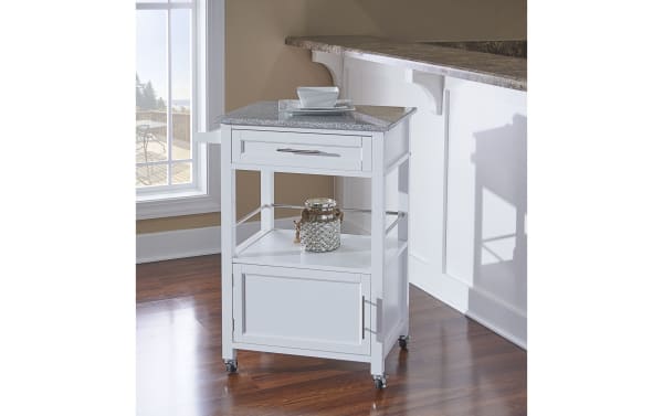 Mitchell White Granite Kitchen Cart with Drawer, transitional style rubberwood and MDF frame, white finish, granite top, open shelf, cabinet, and locking casters for versatile kitchen storage and workspace.