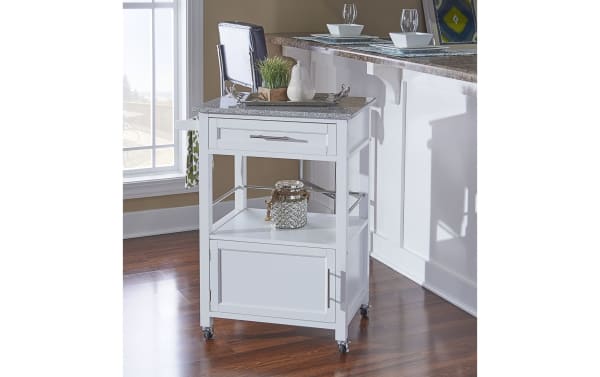 Mitchell White Granite Kitchen Cart with Drawer in transitional style, featuring a durable granite top, white rubberwood and MDF frame, locking casters, spacious drawer, open shelf, and cabinet for versatile kitchen storage and workspace.