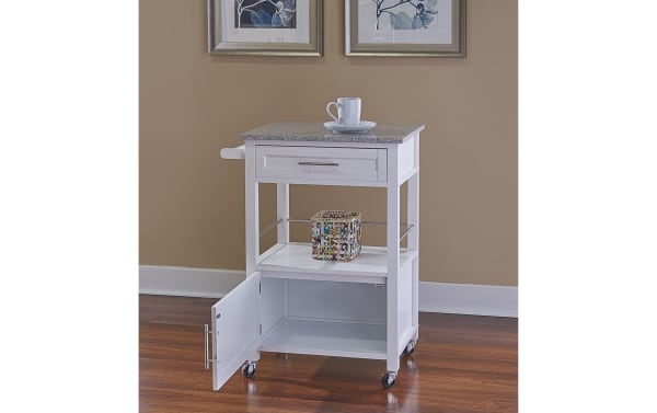 Mitchell White Granite Kitchen Cart with Drawer, transitional style, rubberwood and MDF frame, granite top, white finish, locking casters, storage drawer, cabinet, and open shelf.