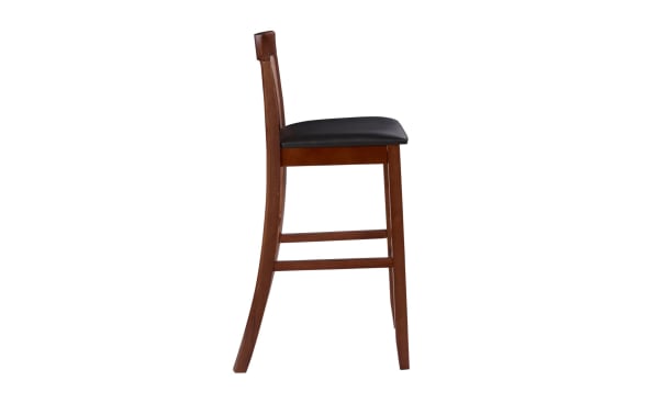Craftsman Dark Cherry Slat Back Bar Height Stool with dark brown polyurethane padded seat, rubberwood frame, and transitional Mission style design.