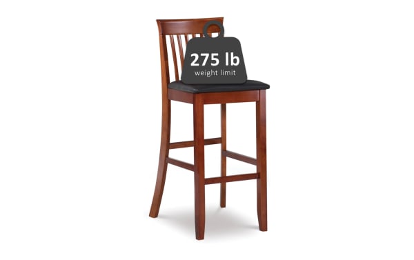Craftsman Dark Cherry Slat Back Bar Height Stool with dark cherry rubberwood frame, transitional style, and dark brown polyurethane padded seat, 275 lb weight limit.